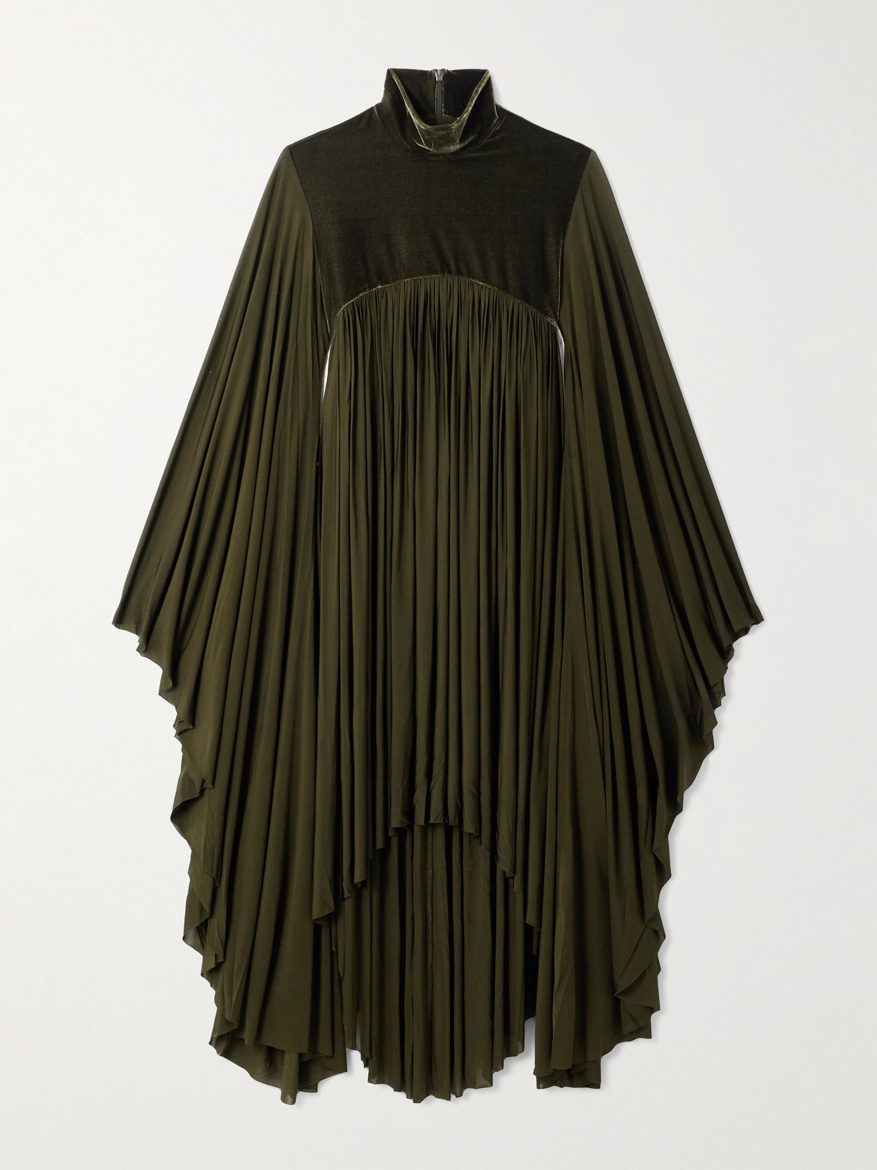 Zimmermann Cape-effect Velvet-trimmed Gathered Jersey Dress In Green