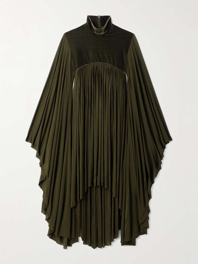 Zimmermann Cape-effect Velvet-trimmed Gathered Jersey Dress