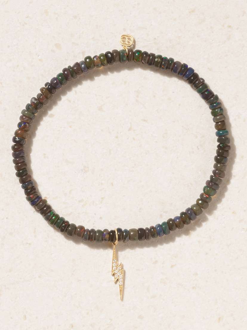 Sydney Evan Small Lightning Bolt 14-karat Gold, Opal And Diamond Bracelet