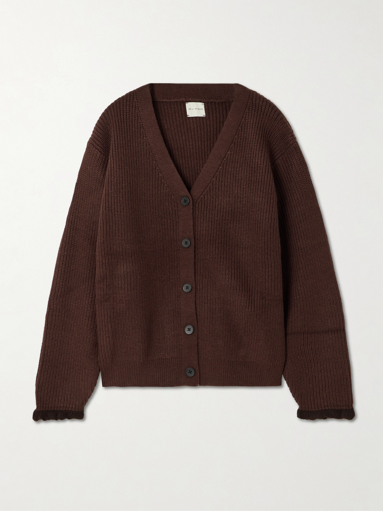 Deiji Studios Flounce Recycled Ribbed-knit Cardigan In Brown
