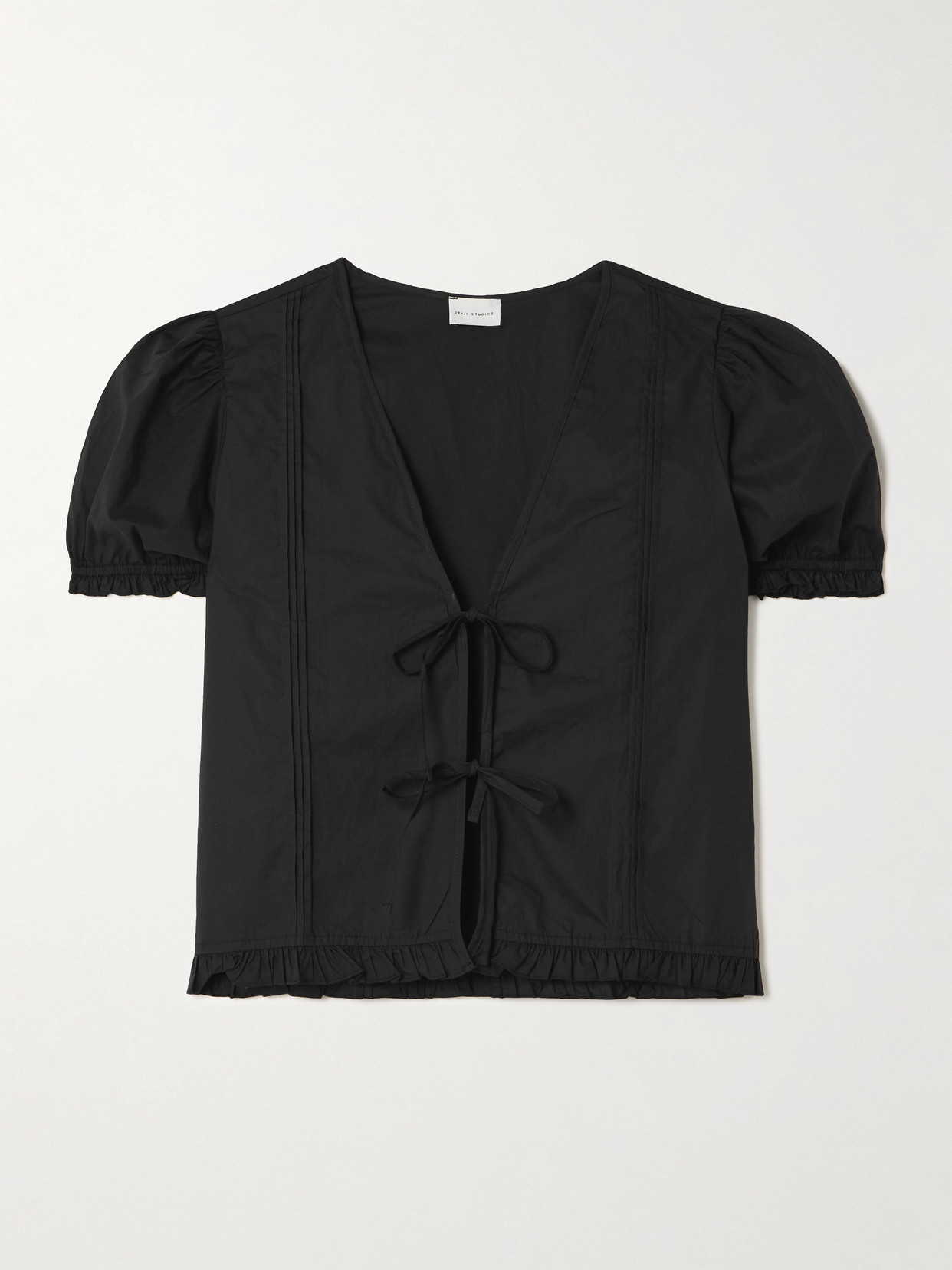 Deiji Studios Pintuck Tie-detailed Organic Cotton-poplin Top In Black