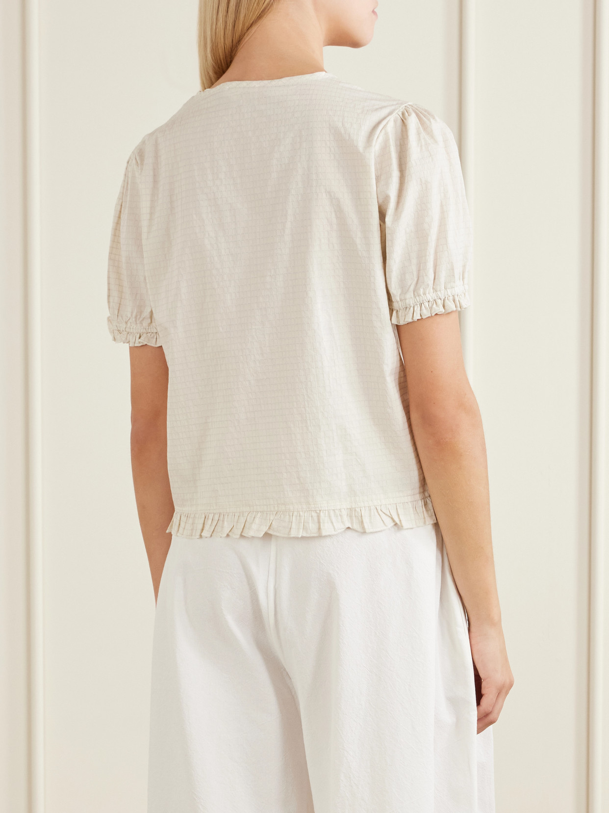 Pintuck Tie-Detailed Checked Cotton-Poplin Blouse