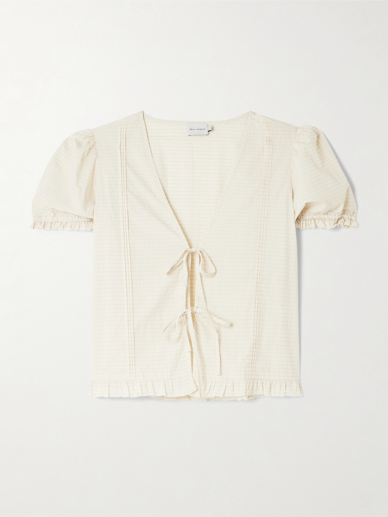 Deiji Studios Pintuck Tie-detailed Checked Cotton-poplin Blouse In Neutral