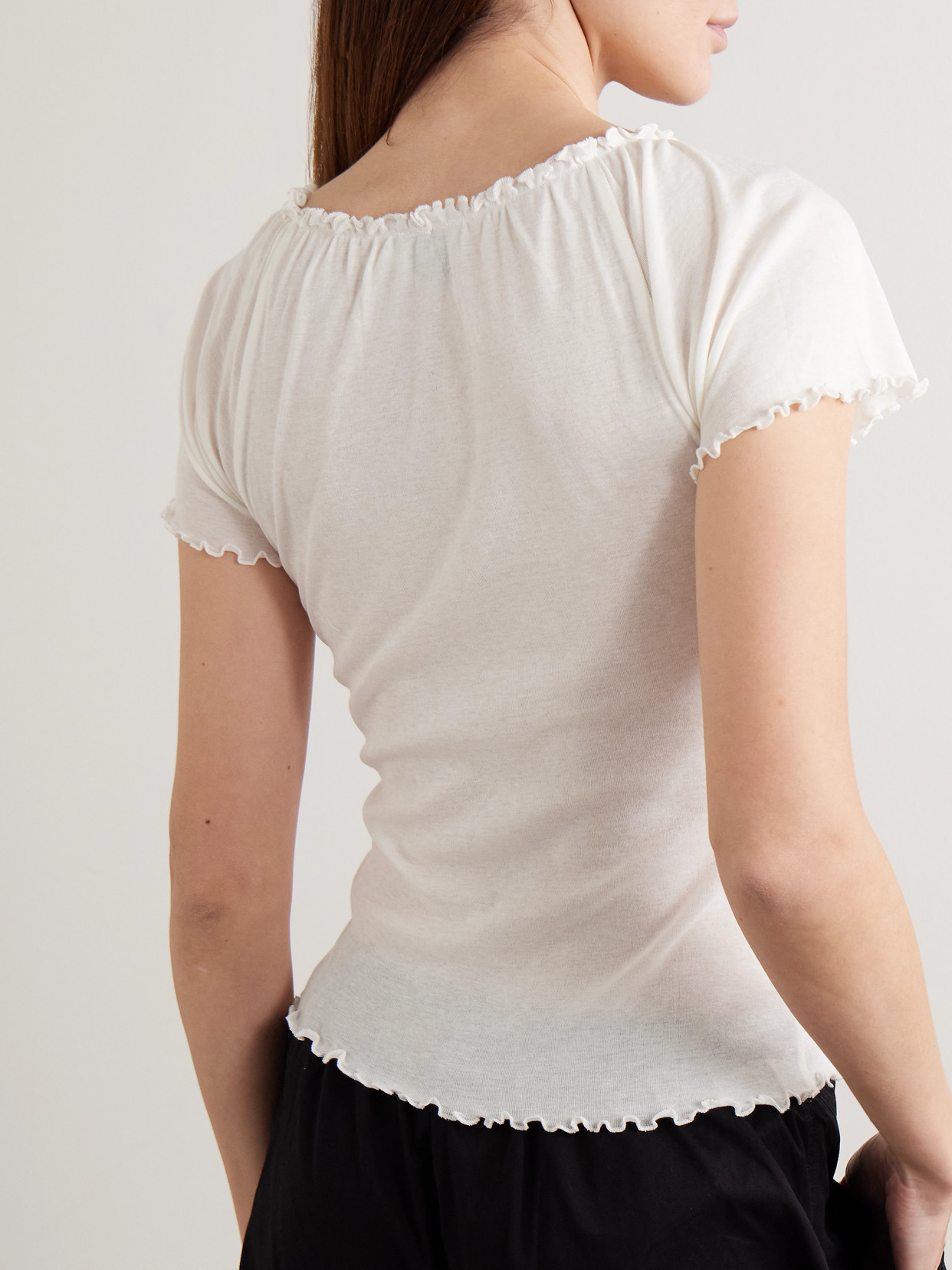 Flounce Shirred Cotton And Wool-Blend Top