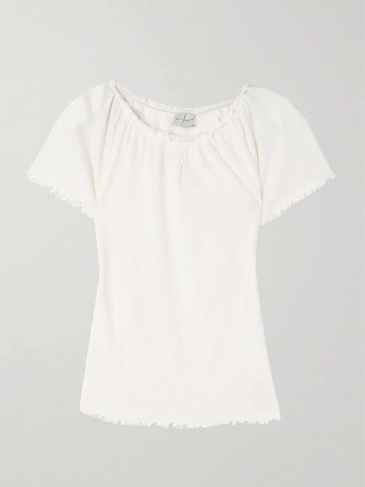 Deiji Studios Flounce Shirred Cotton And Wool-blend Top In White