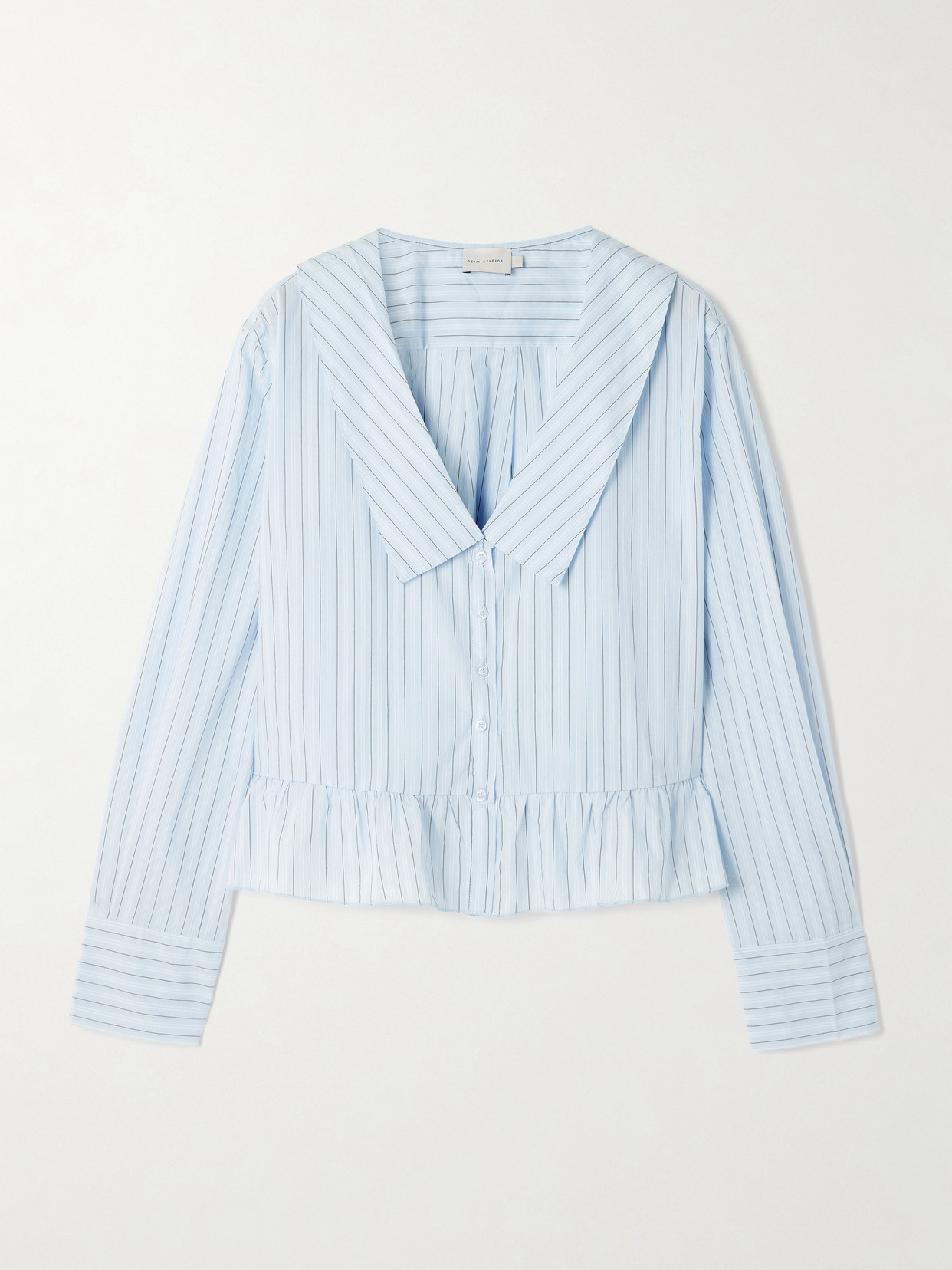 Deiji Studios Sweep Ruffled Striped Cotton-poplin Shirt In Blue