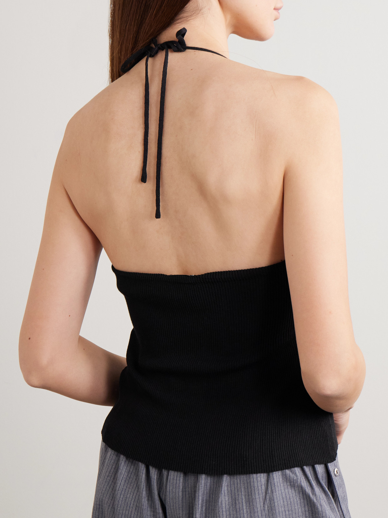 Deiji Studios Fine Knot Recycled Ribbed-knit Halterneck Top In Black