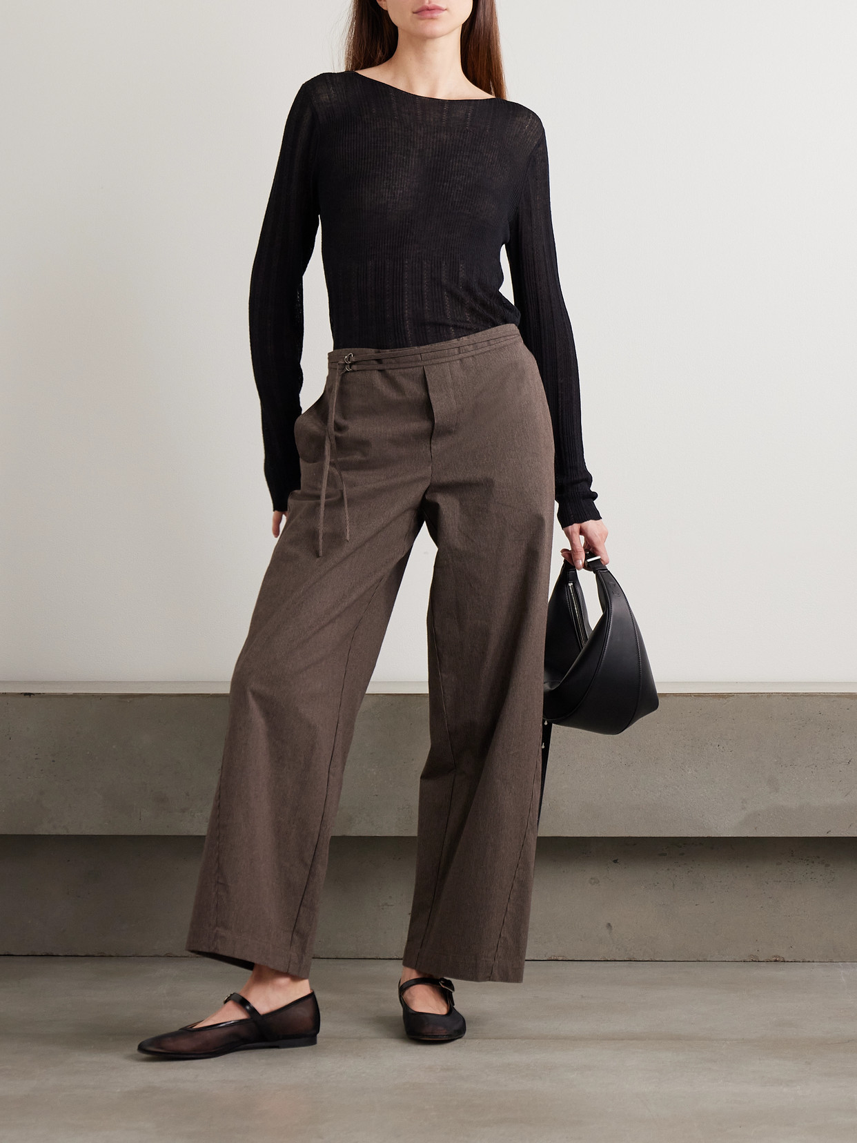 Deiji Studios Belted Pinstriped Organic Cotton Straight-leg Pants In Brown