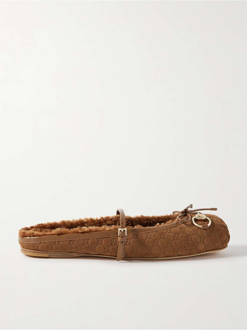 Gucci Leather-trimmed Horsebit-detailed Logo-debossed Shearling Slip-on Ballet Flats