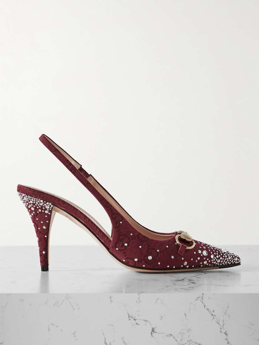 Gucci Erin Crystal-embellished Horsebit-detailed Canvas-jacquard Slingback Pumps