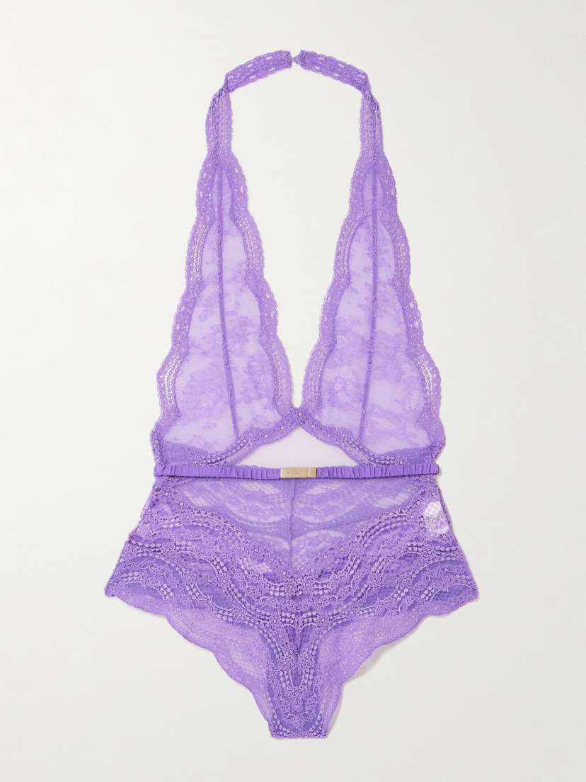 Gucci Belted Stretch-lace And Silk-blend Tulle Halterneck Bodysuit