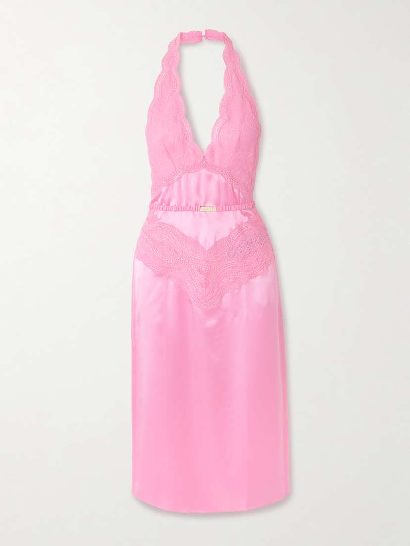 Gucci Belted Silk-satin And Lace Halterneck Midi Dress