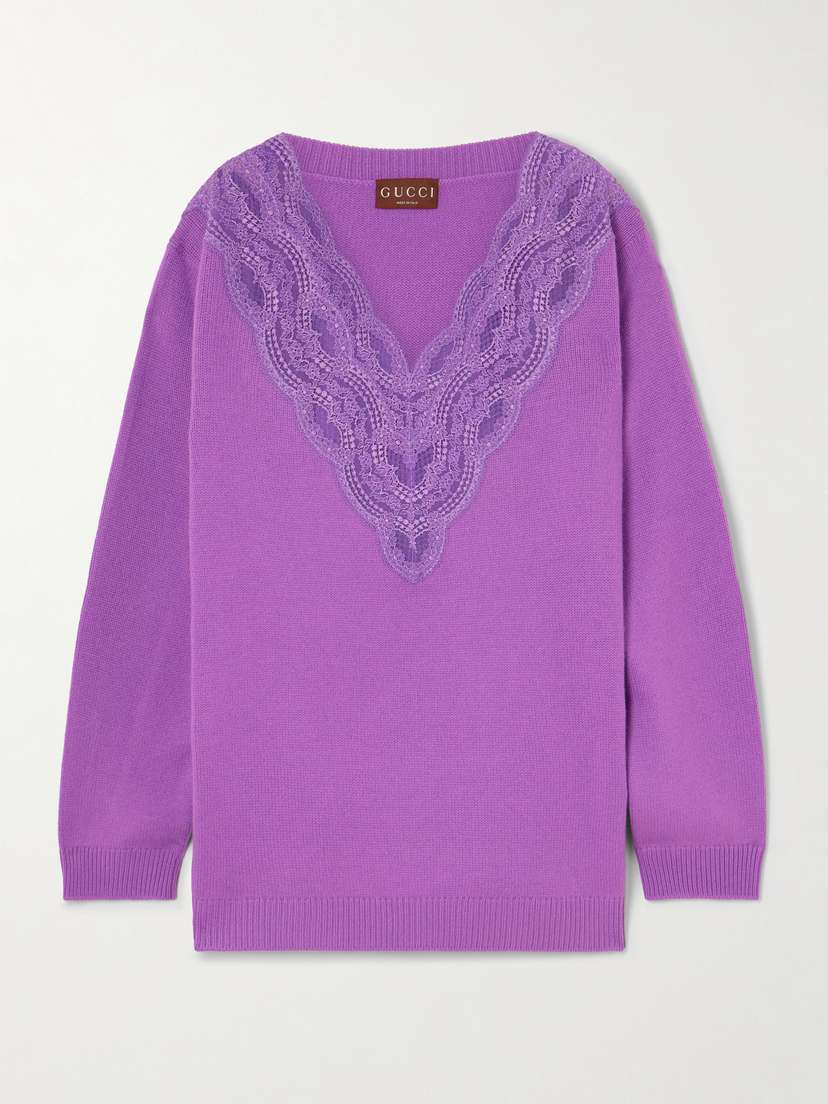 Gucci Lace-trimmed Ribbed Wool And Cashmere-blend Sweater