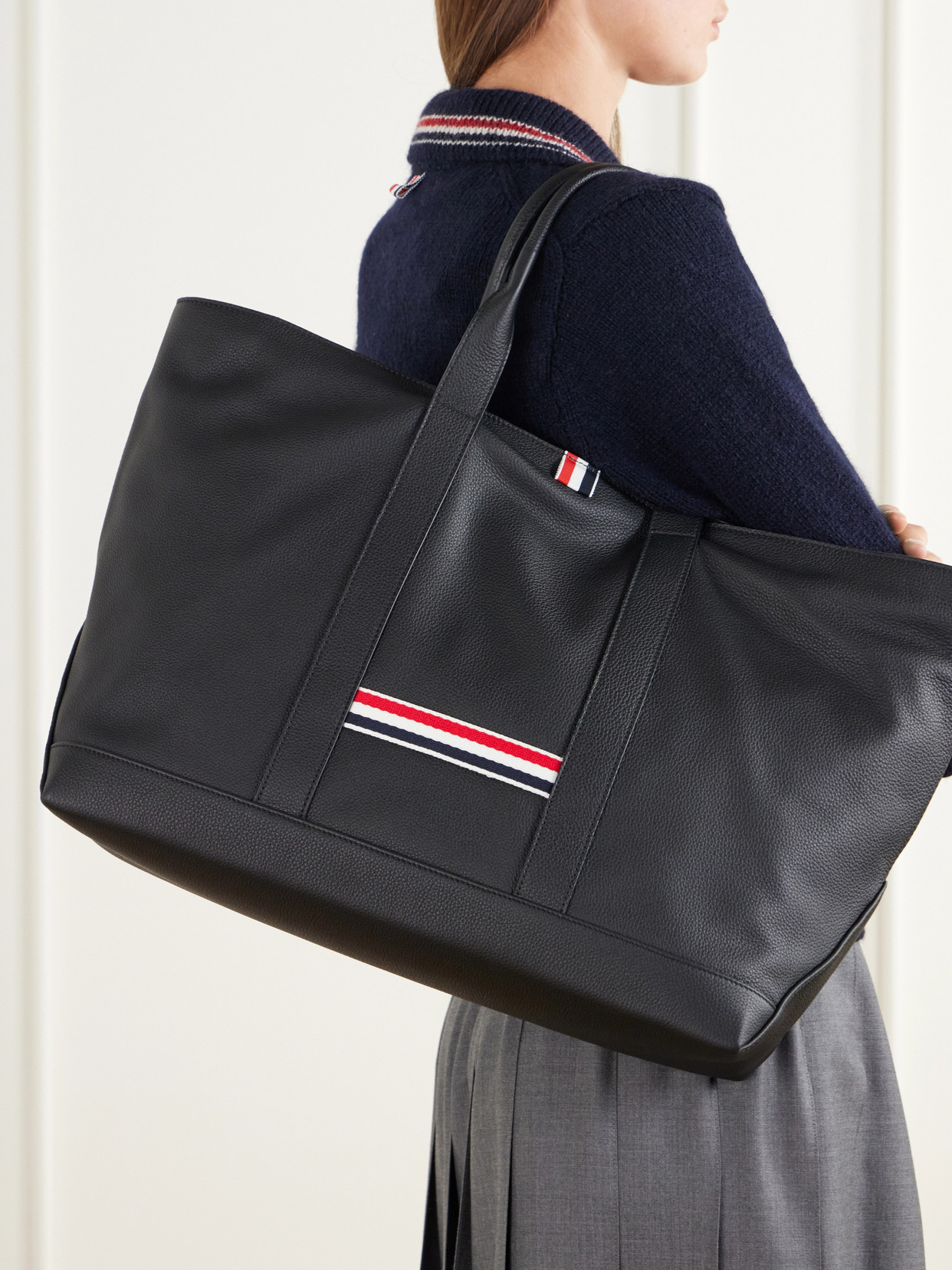 Tool Striped Grosgrain-Trimmed Full-Grain Leather Tote