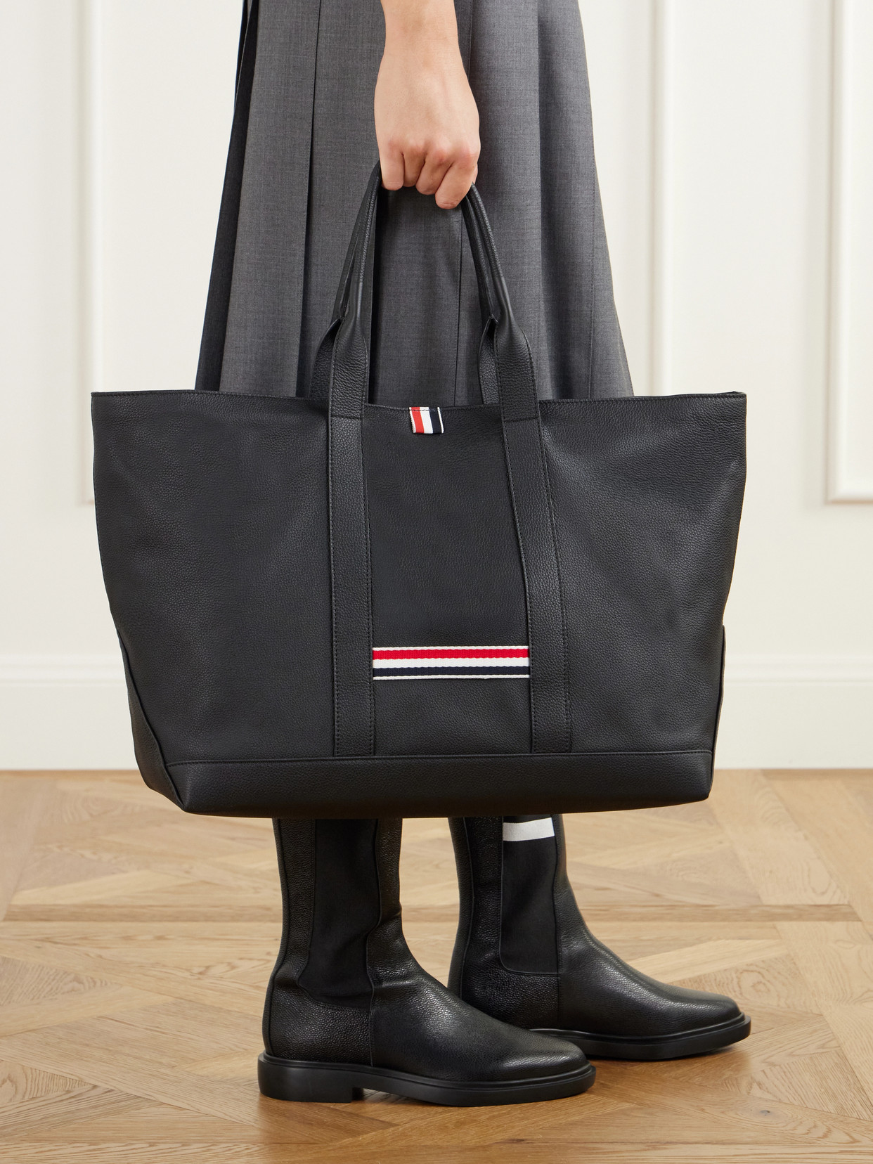 Tool Striped Grosgrain-Trimmed Full-Grain Leather Tote