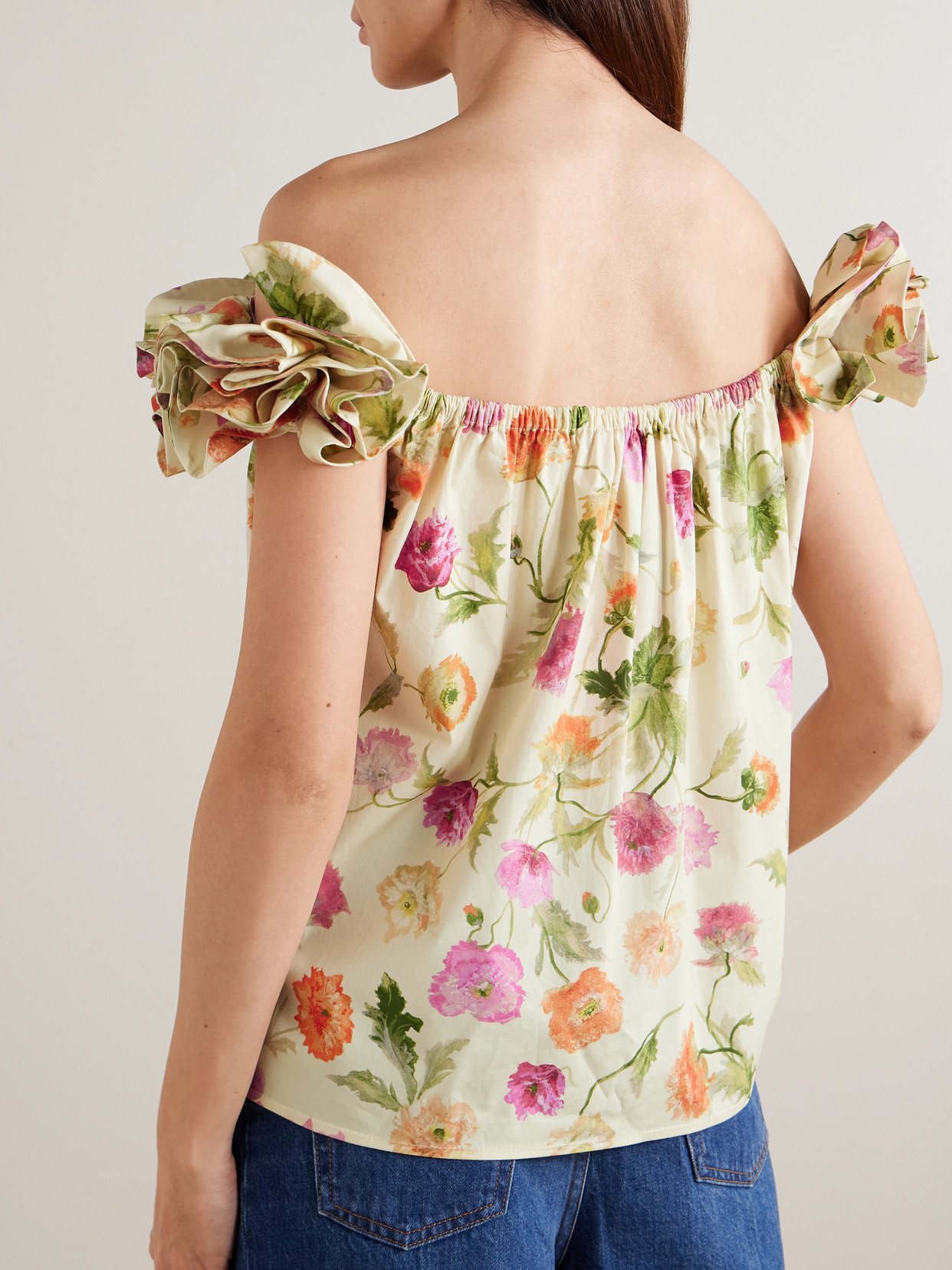 Off-The-Shoulder Ruffled Floral-Print Cotton-Blend Top