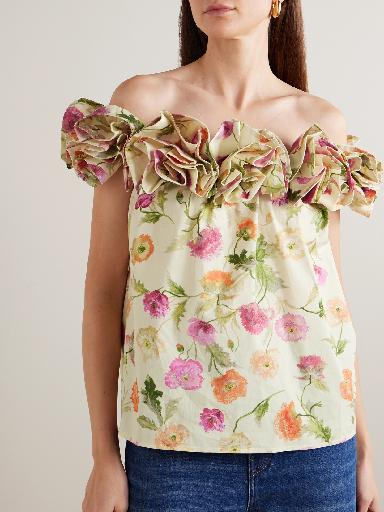 Off-The-Shoulder Ruffled Floral-Print Cotton-Blend Top