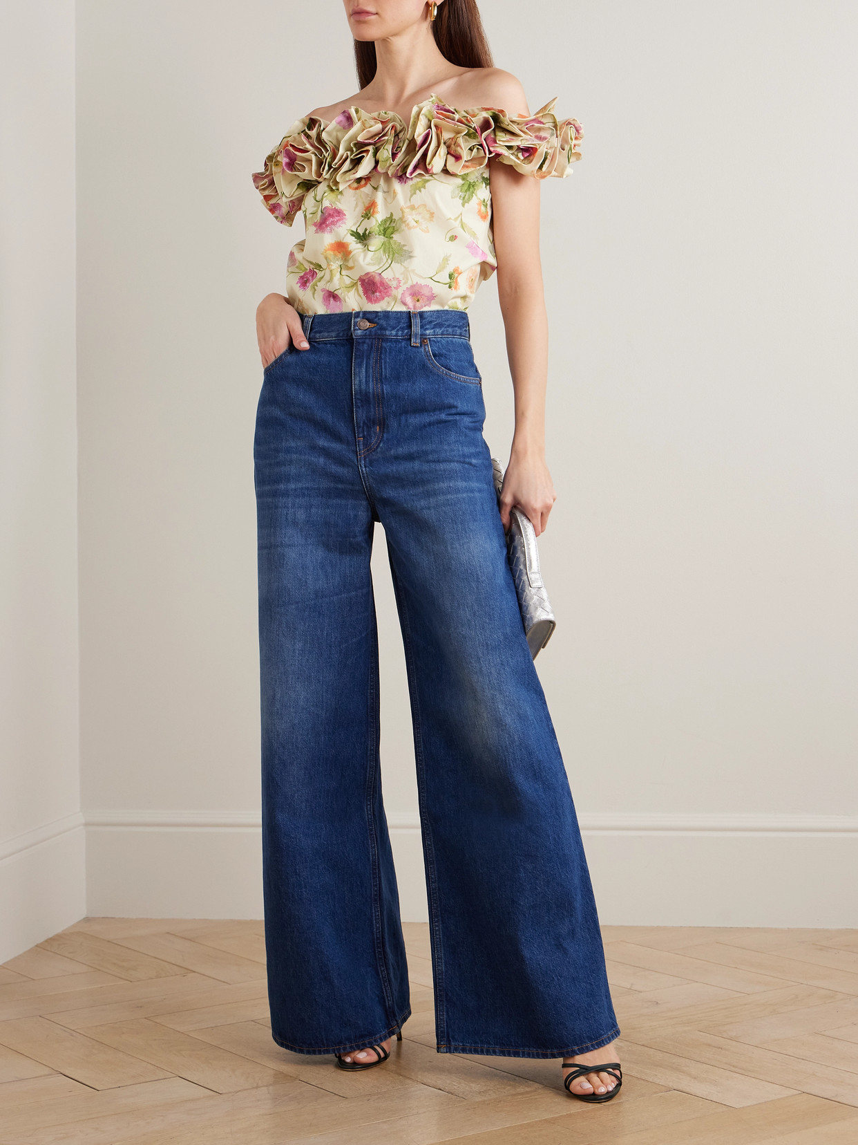 Off-The-Shoulder Ruffled Floral-Print Cotton-Blend Top