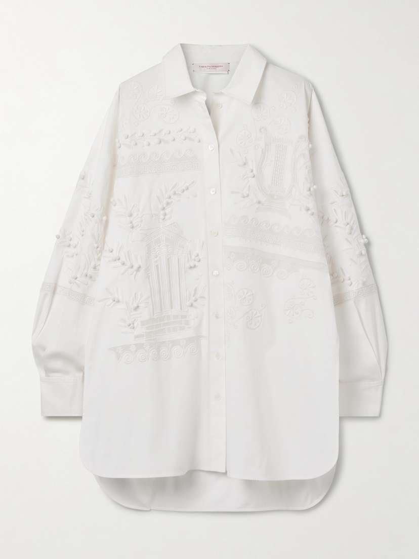 Carolina Herrera Oversized Embroidered Brushed Cotton-blend Poplin Shirt