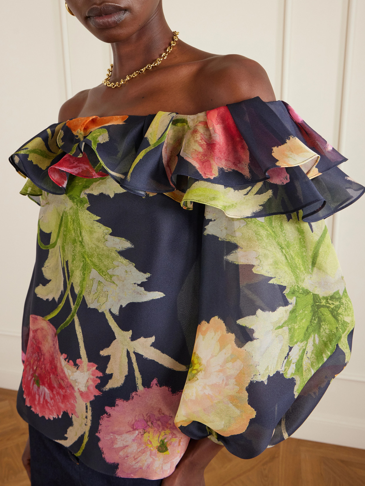 Off-The-Shoulder Floral-Print Silk-Organza Top