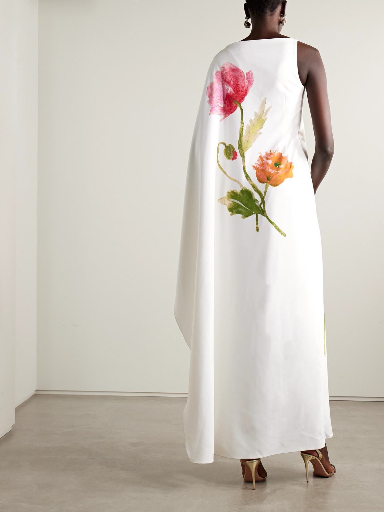 Carolina Herrera One-sleeve Draped Floral-print Crepe Gown In White