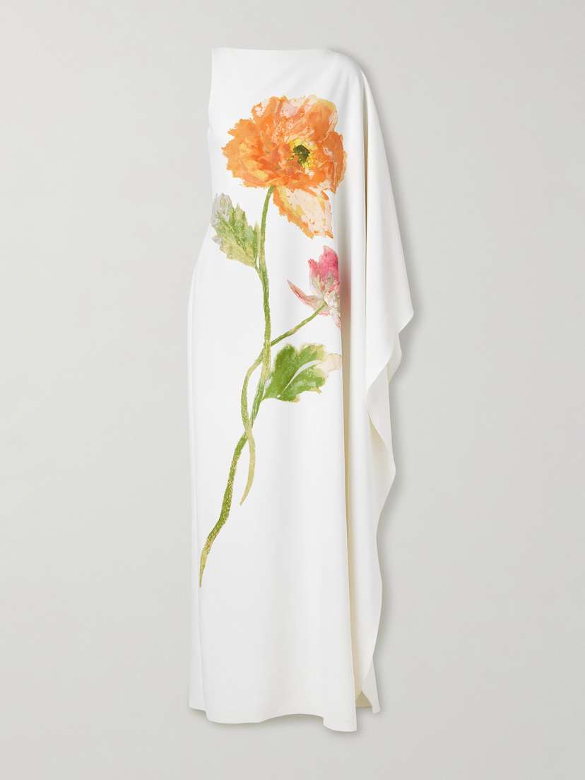 Carolina Herrera One-sleeve Draped Floral-print Crepe Gown