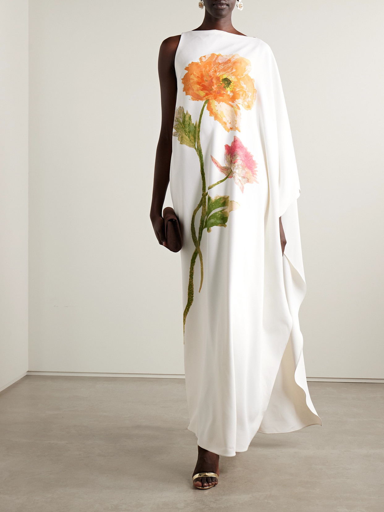 Carolina Herrera One-sleeve Draped Floral-print Crepe Gown In White