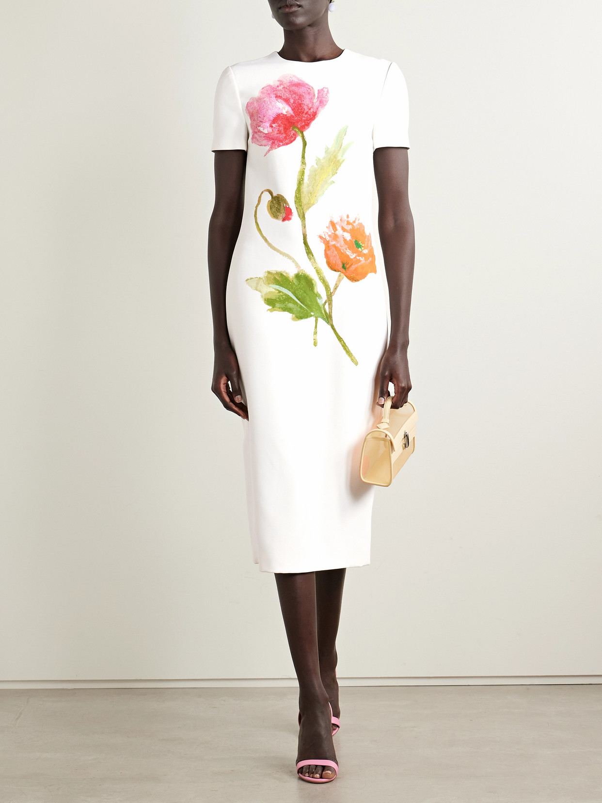 Carolina Herrera Poppy Print Short Sleeve Stretch Crepe Sheath Dress In White