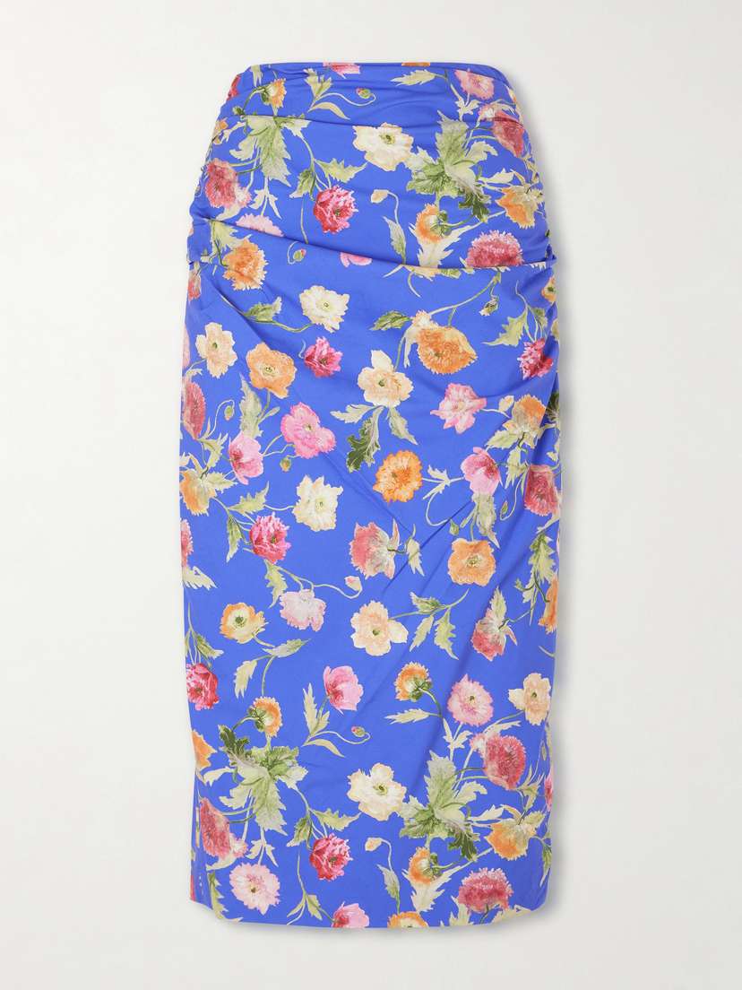 Carolina Herrera Ruched Floral-print Cotton-blend Midi Skirt