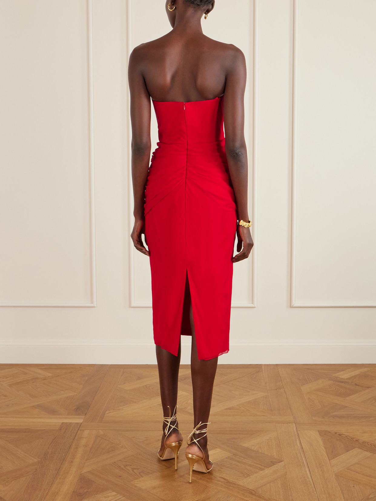 Carolina Herrera Strapless Draped Silk-chiffon Midi Dress In Red