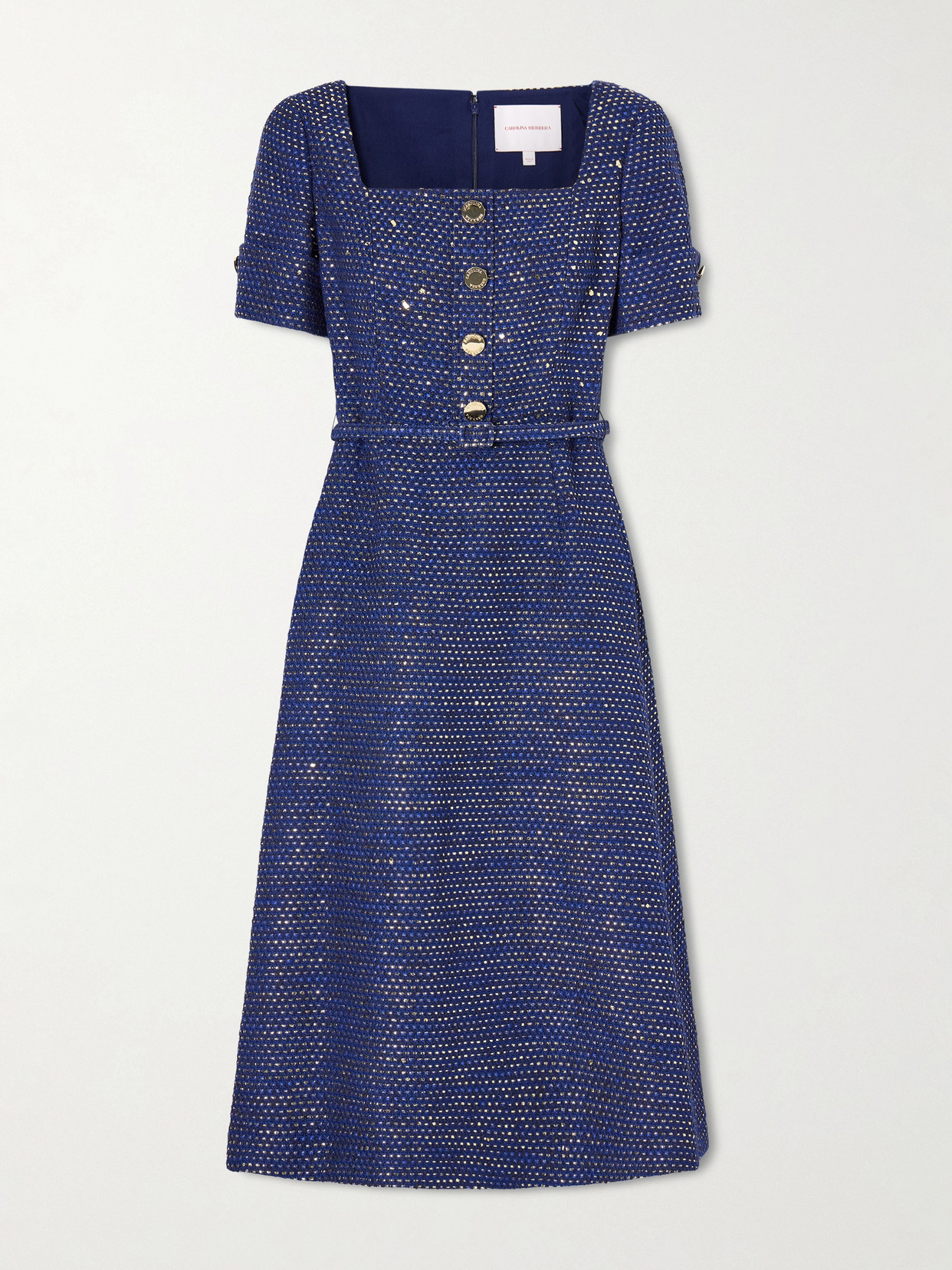 Carolina Herrera Belted Metallic Cotton-blend Tweed Midi Dress In Blue