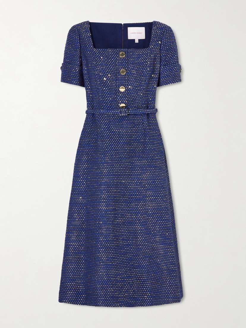 Carolina Herrera Belted Metallic Cotton-blend Tweed Midi Dress
