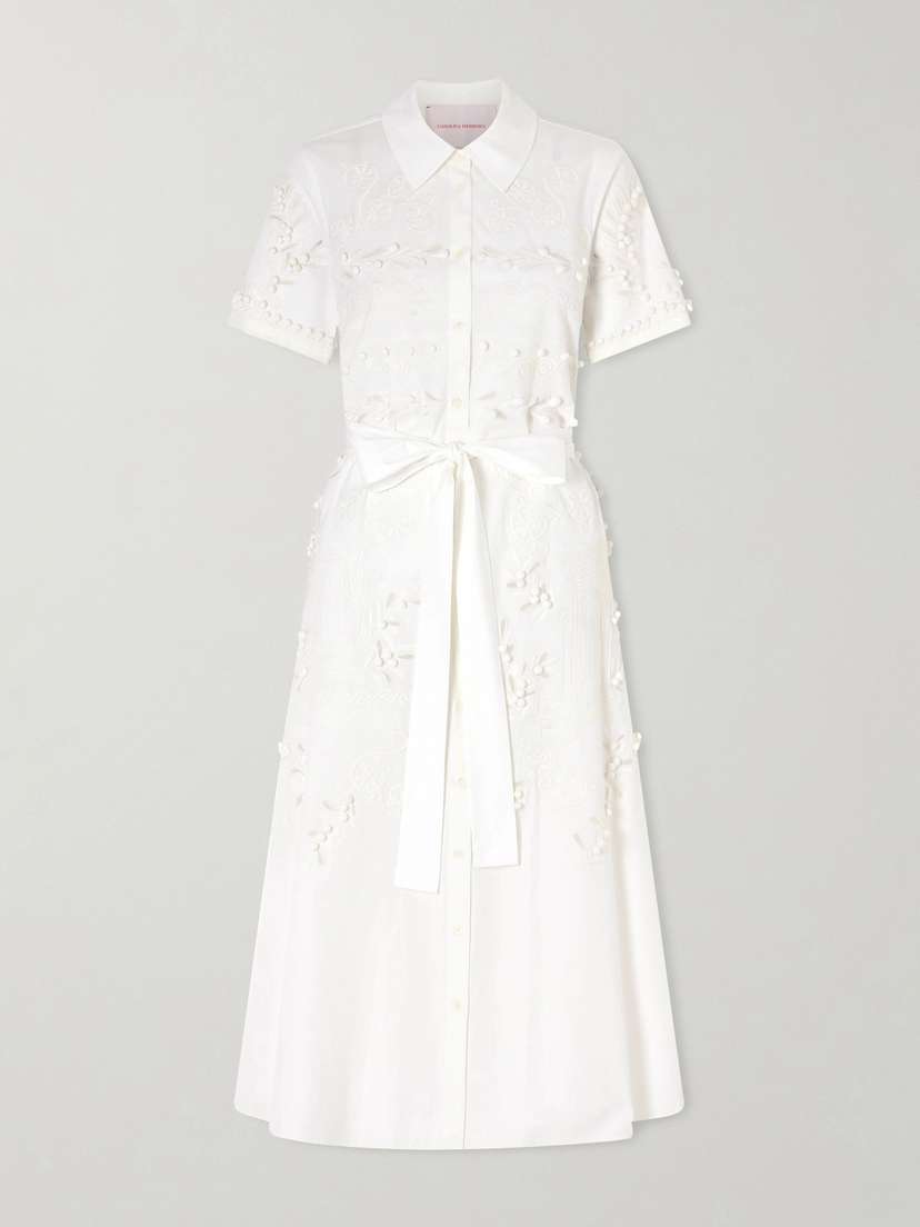 Carolina Herrera Belted Embroidered Cotton-blend Poplin Midi Shirt Dress