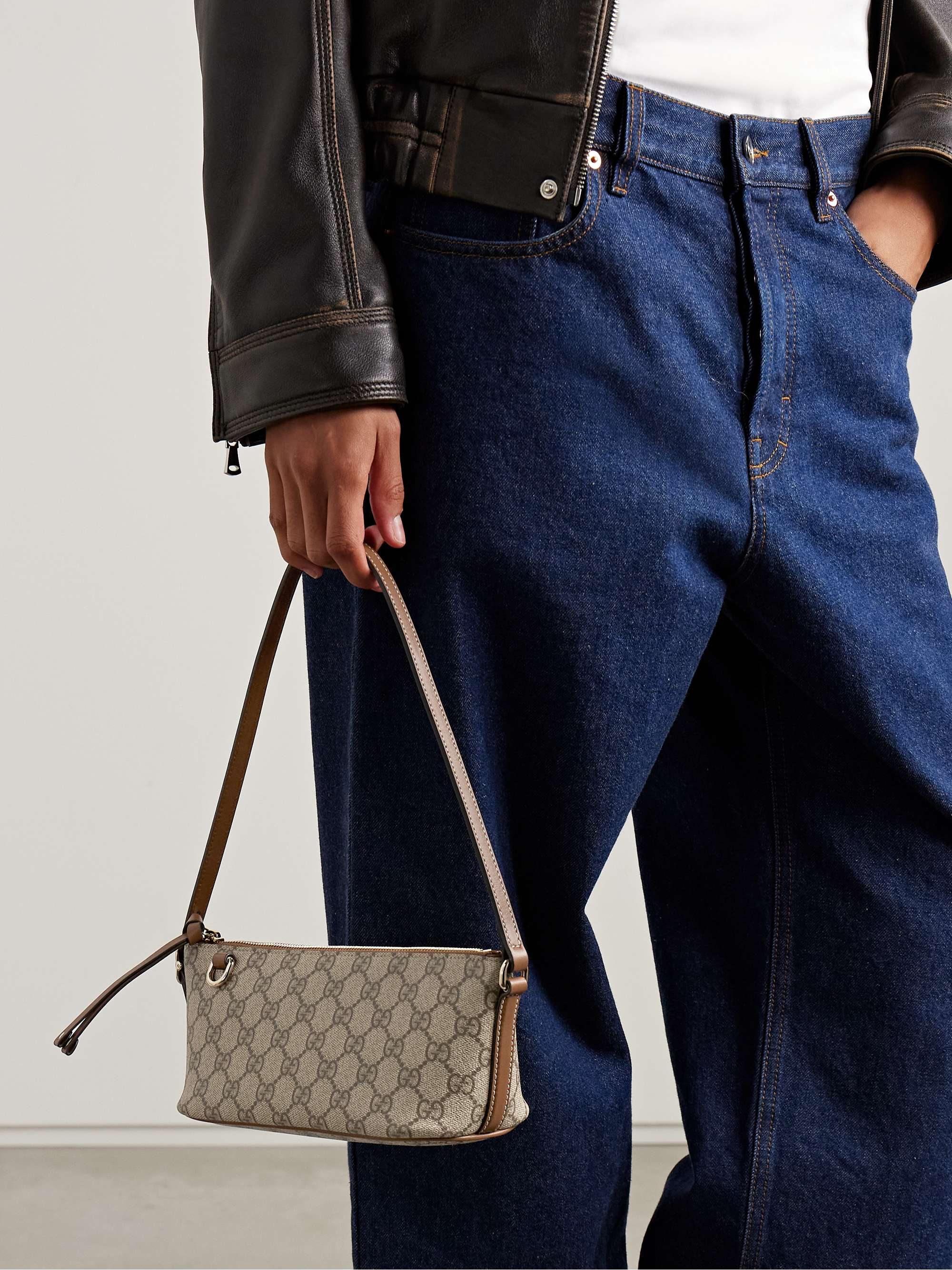 Leather-trimmed printed coated-canvas shoulder bag - beige - One Size