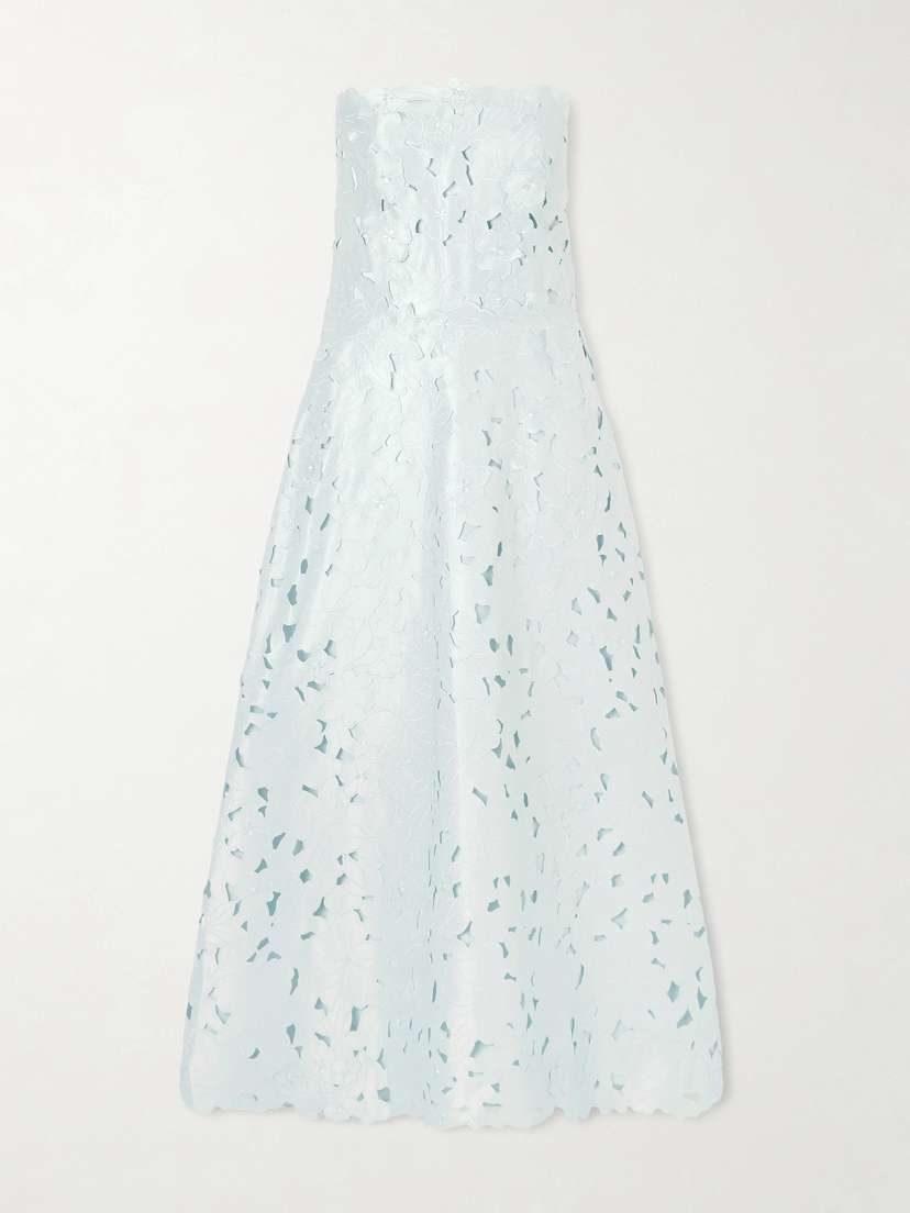 Costarellos Vella Strapless Guipure Lace Midi Dress