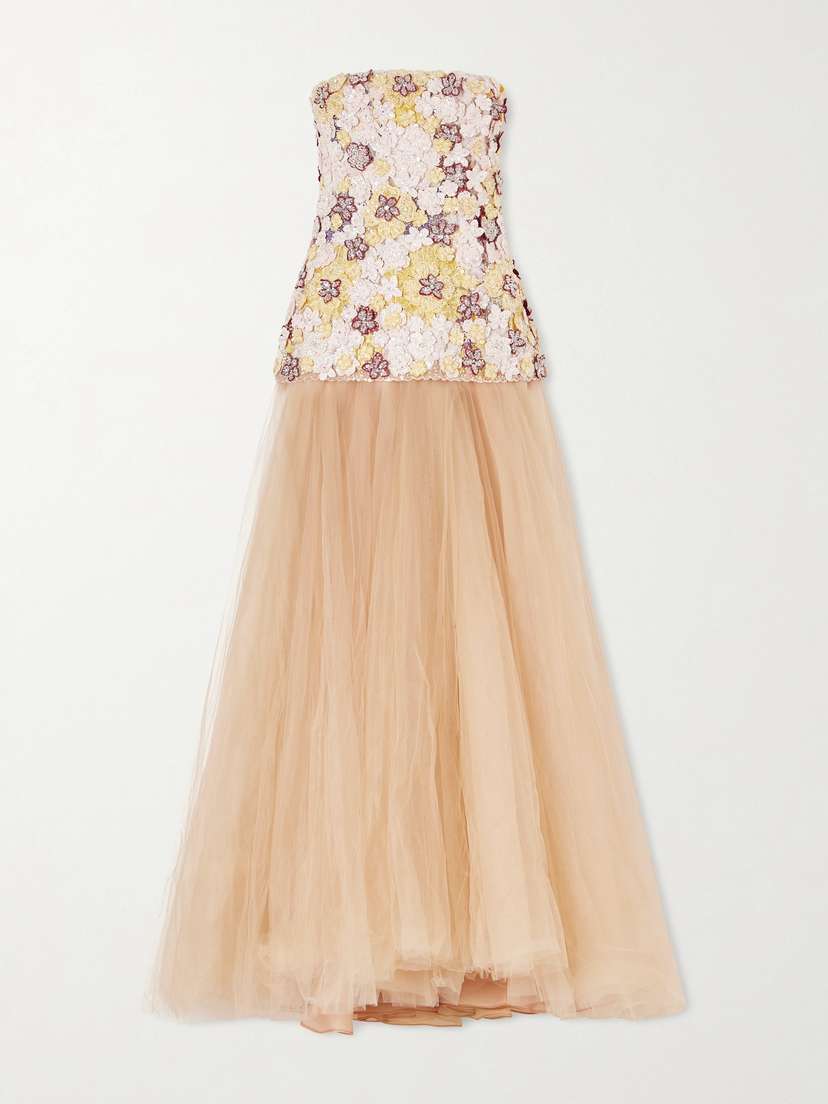 Costarellos Crystal-embellished Embroidered Tulle Gown