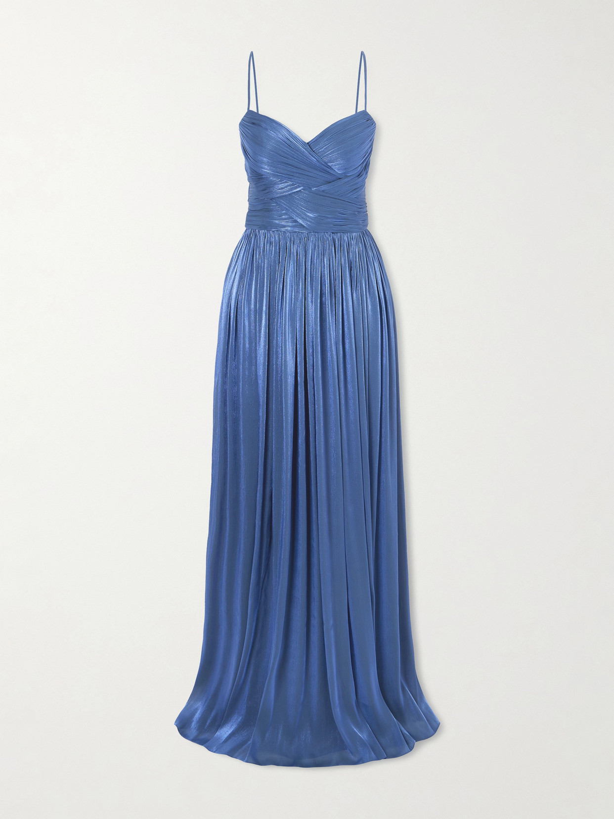 Costarellos Sereen Draped Pleated Metallic Georgette Gown In Blue