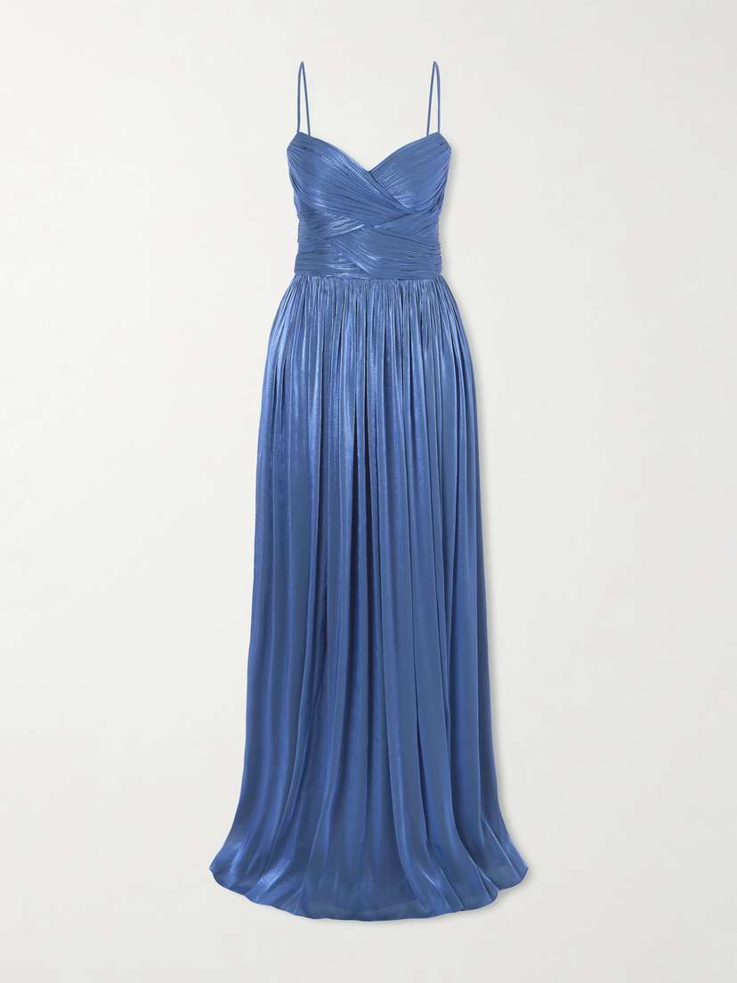 Costarellos Sereen Draped Pleated Metallic Georgette Gown
