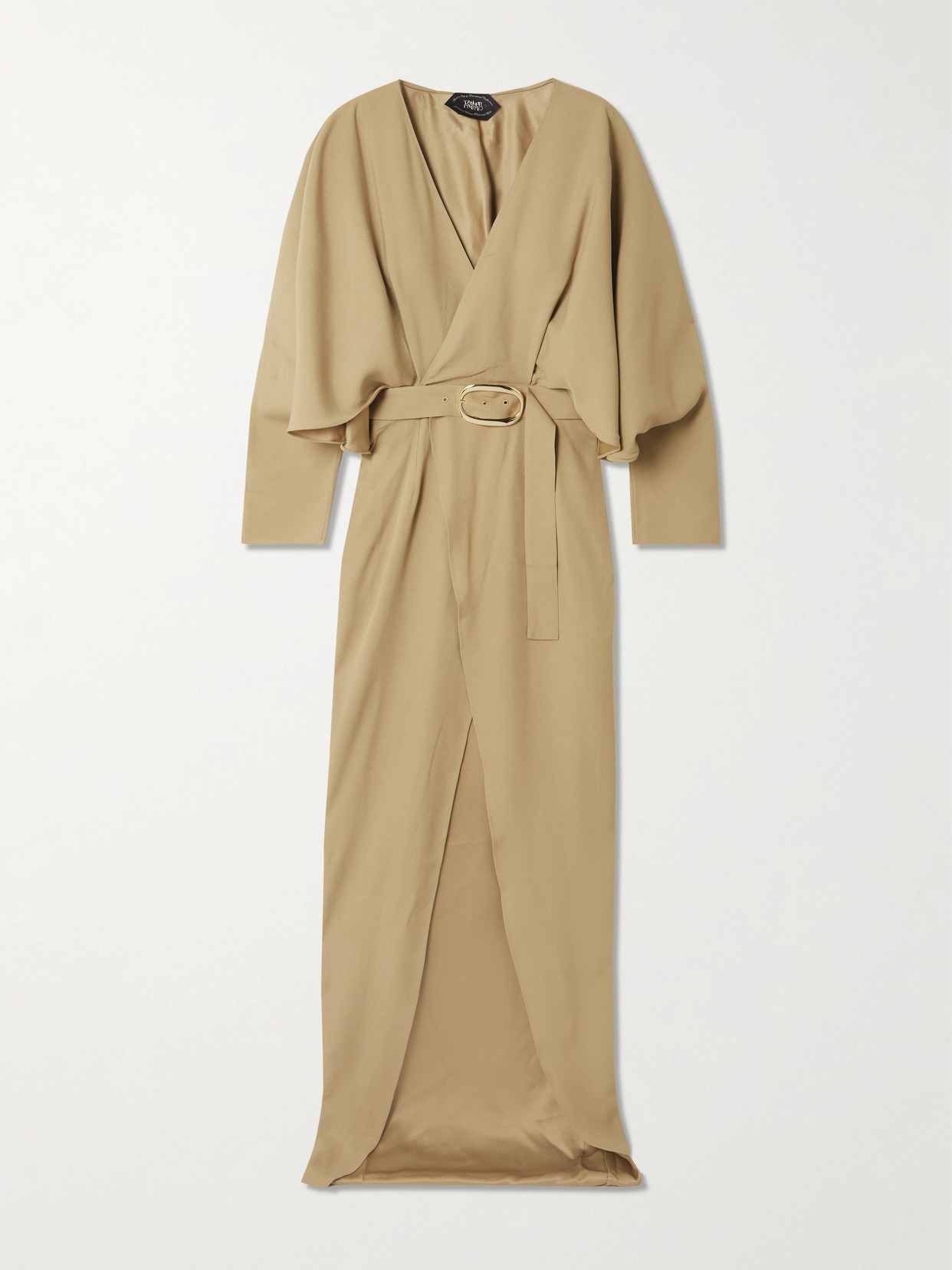 Taller Marmo Dunaway Belted Tie-detailed Satin-trimmed Cady Maxi Dress In Brown