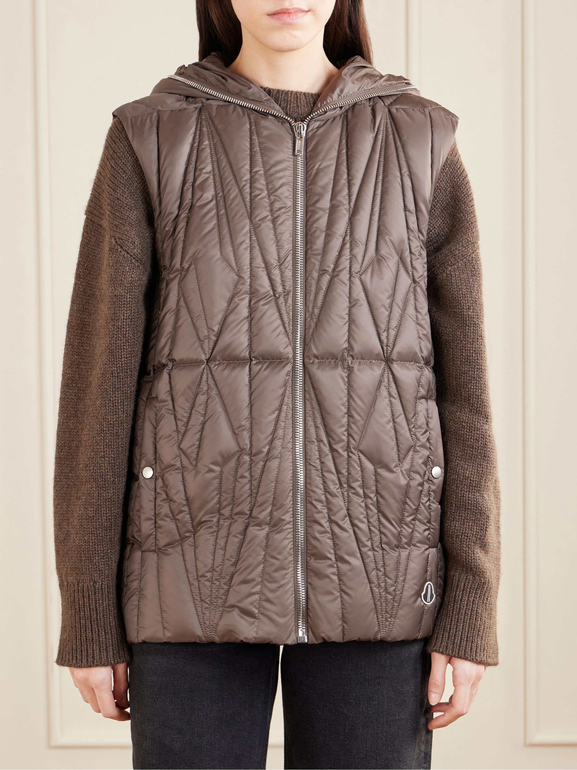 Rick Owens + Moncler hooded appliquéd quilted shell down gilet
