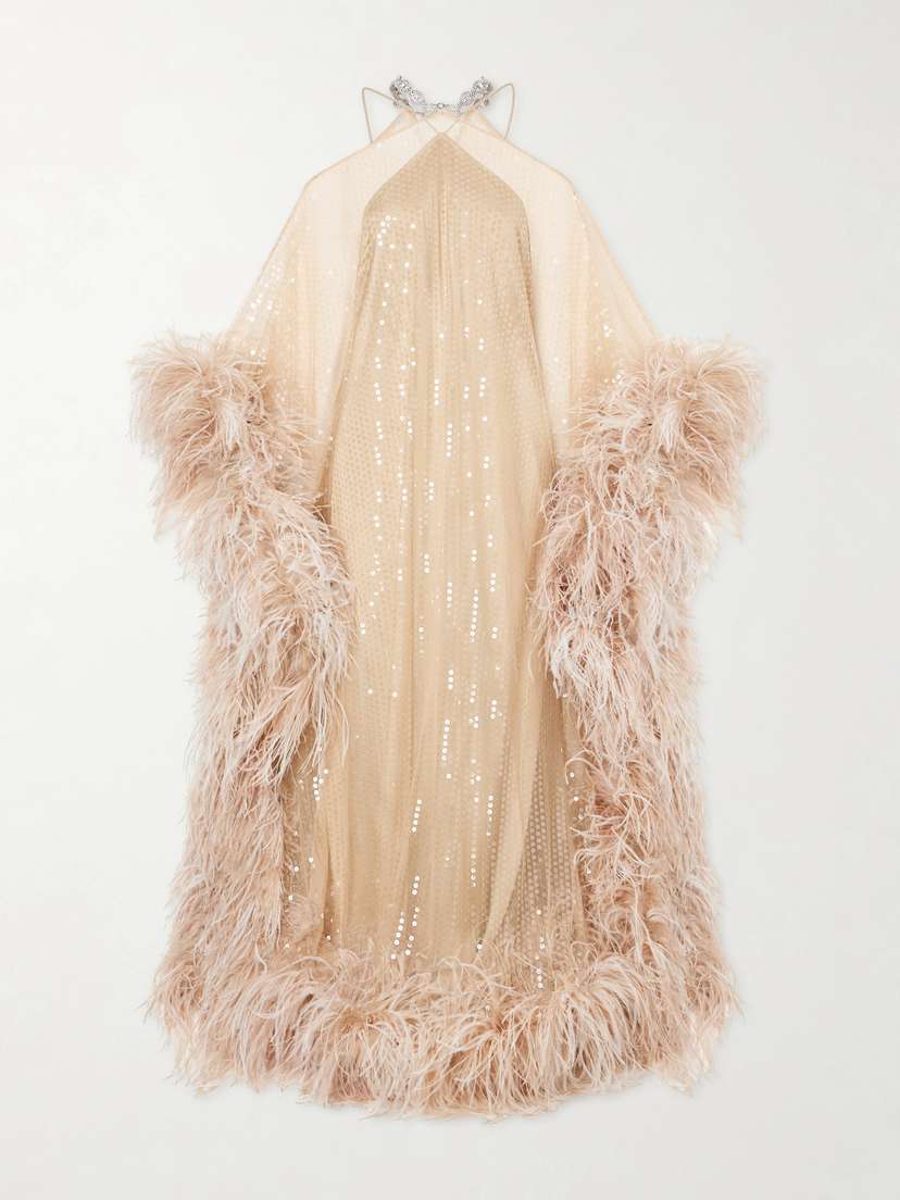 Taller Marmo Sza Sza Disco Embellished Feather-trimmed Tulle Gown