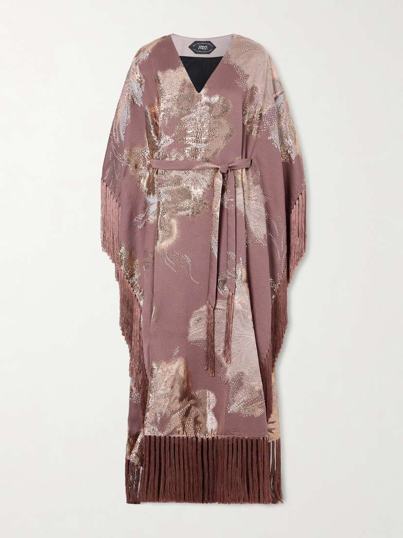 Taller Marmo Dawn Royale Belted Fringed Embellished Crepe Kaftan
