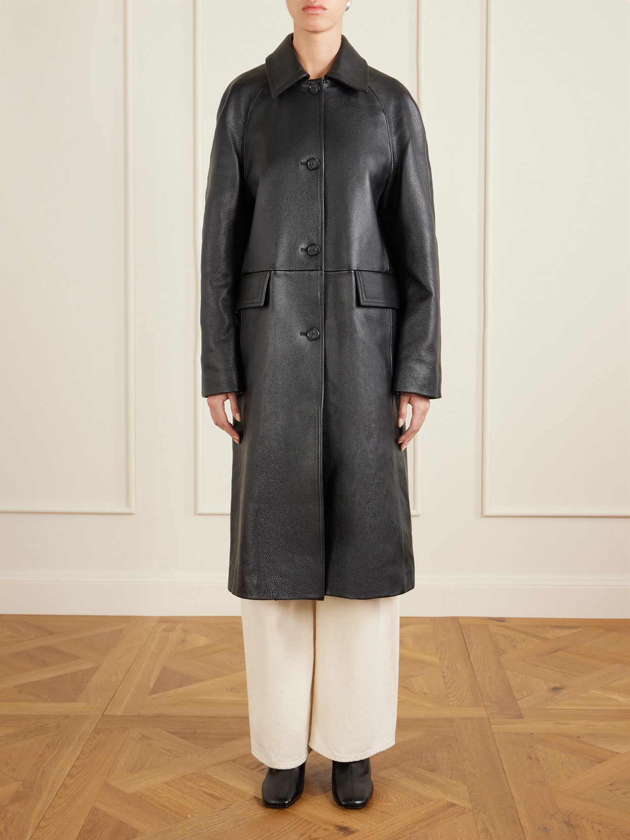 Paneled Textured-Leather Coat