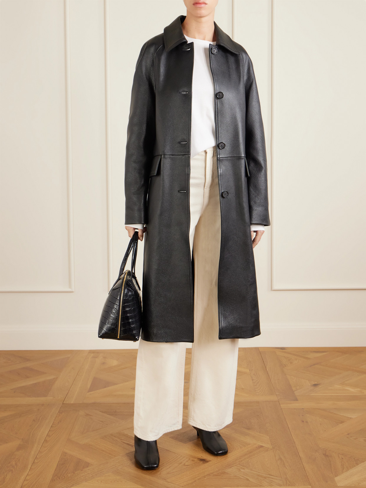 Paneled Textured-Leather Coat