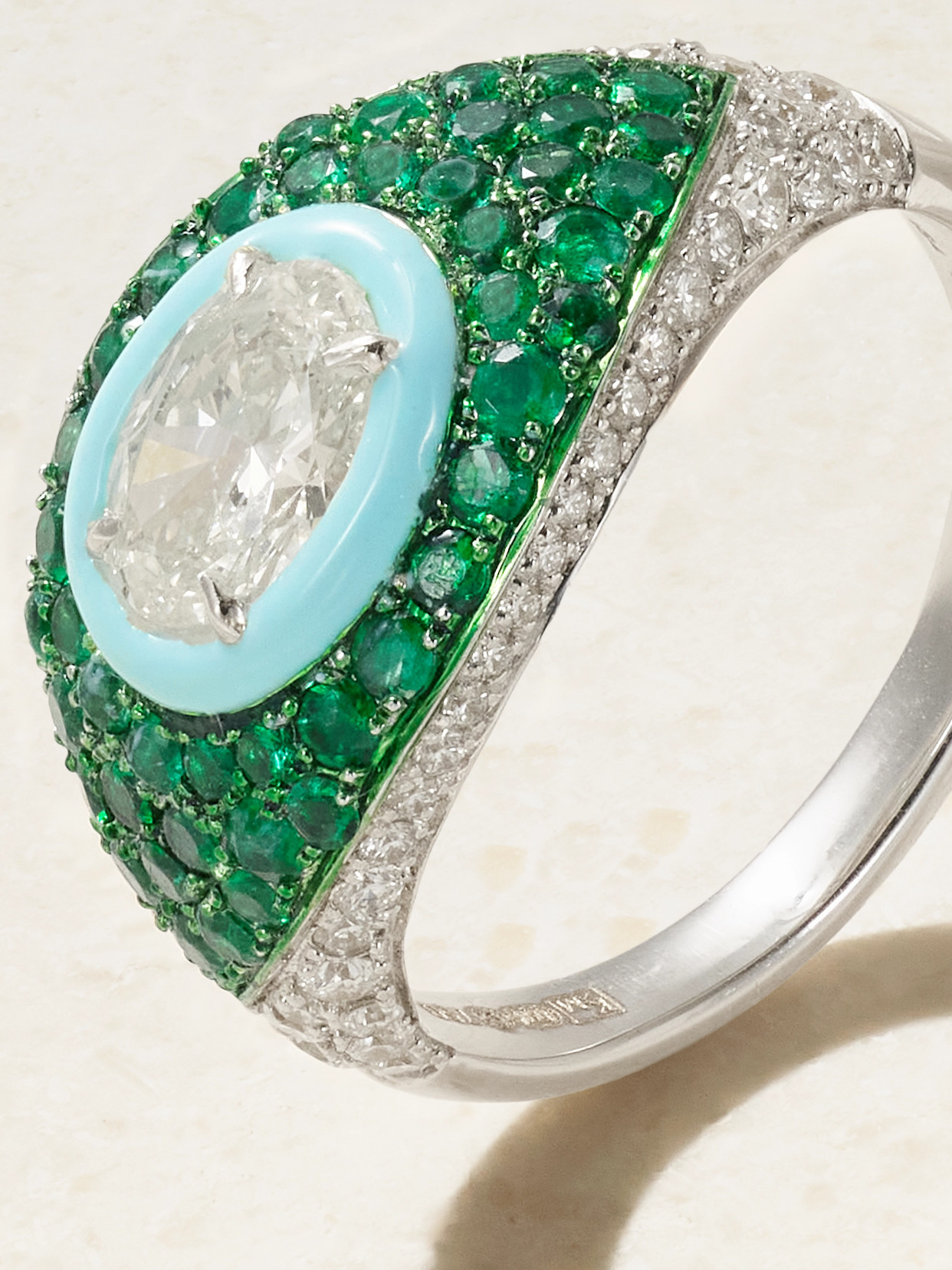 Kamyen 18-karat White Gold Diamond, Emerald And Enamel Ring In Green