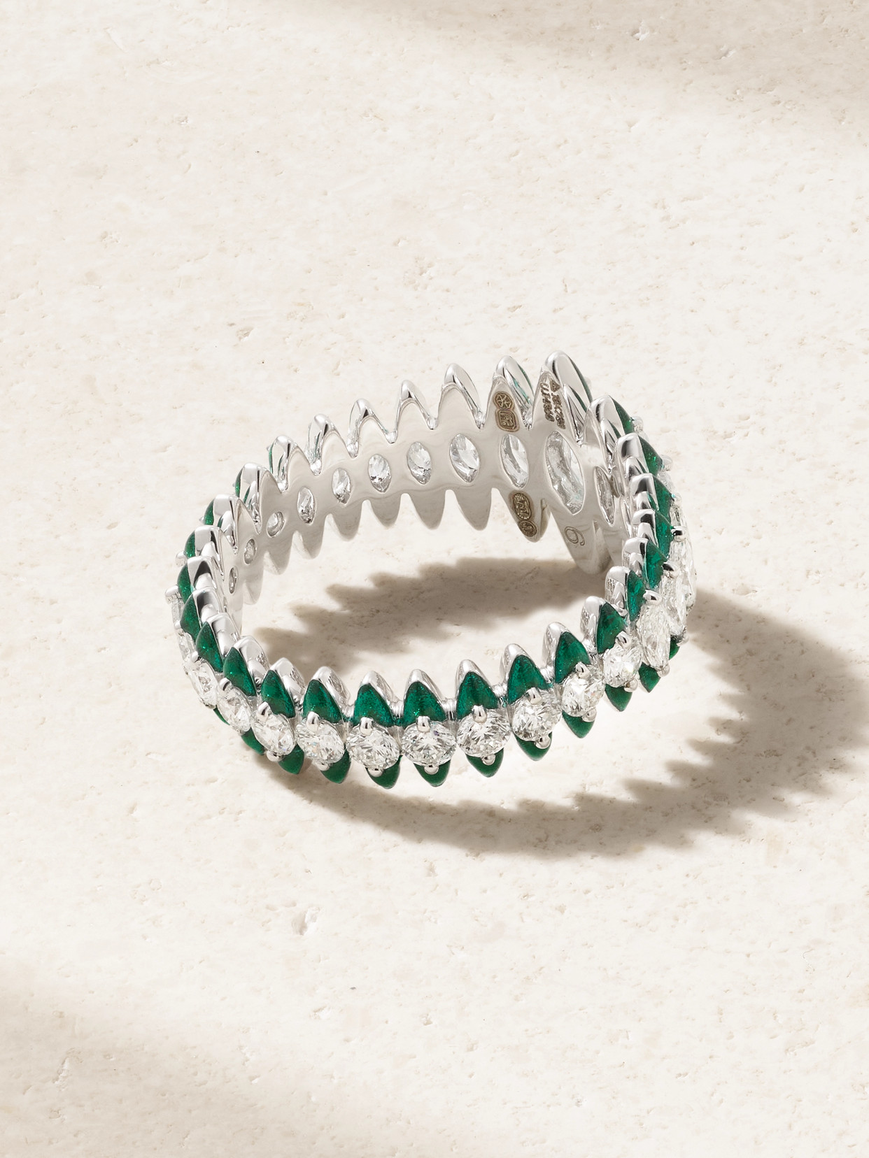 Kamyen Marquise Coronal 18-karat White Gold, Enamel And Diamond Ring In Green