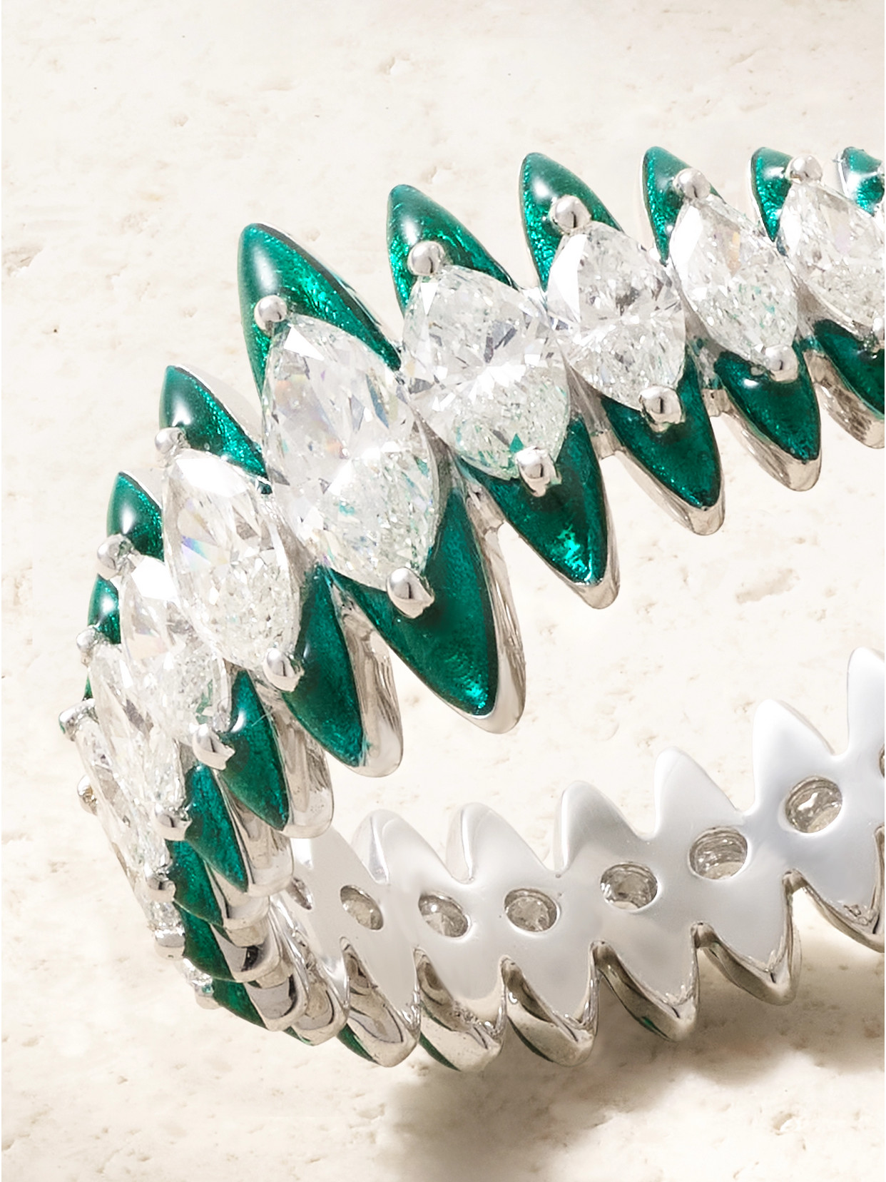Kamyen Marquise Coronal 18-karat White Gold, Enamel And Diamond Ring In Green