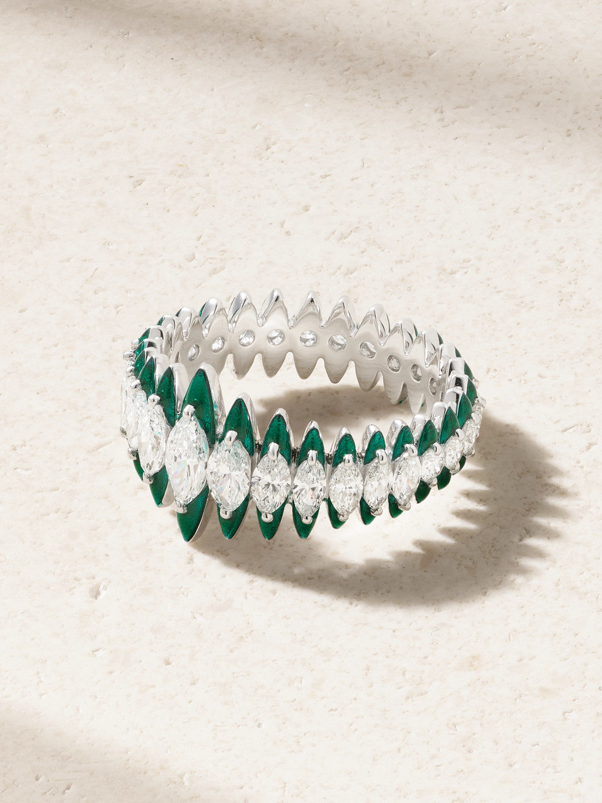 Kamyen Marquise Coronal 18-karat White Gold, Enamel And Diamond Ring In Green