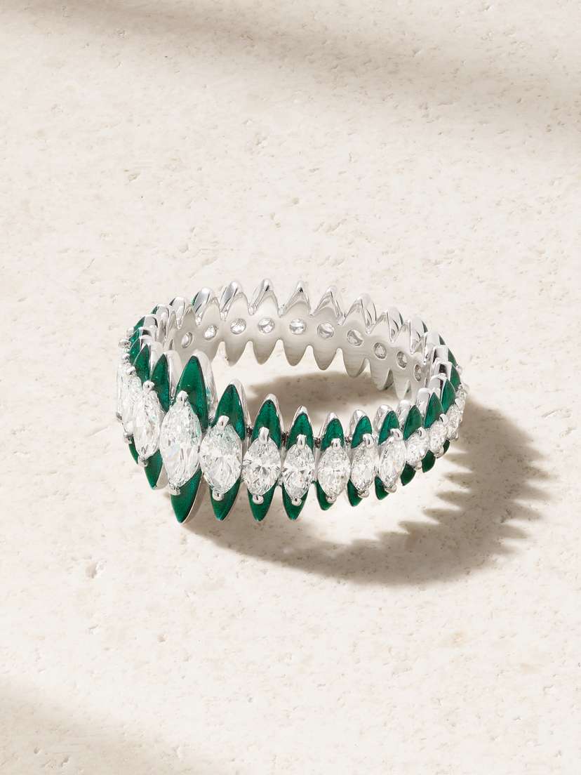 Kamyen Marquise Coronal 18-karat White Gold, Enamel And Diamond Ring