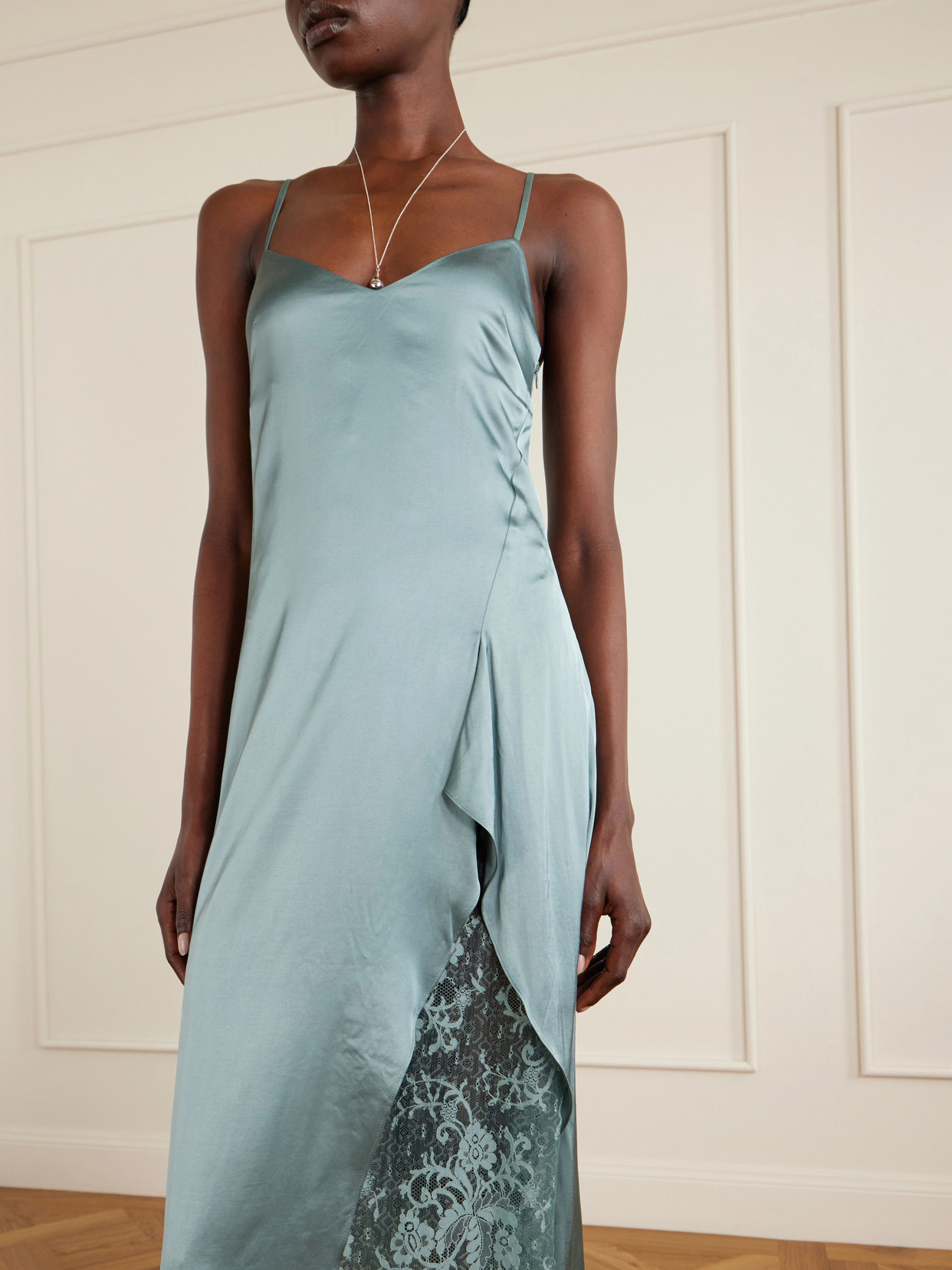 Acne Studios Satin Midi Dress With Lace Inserts In Blue